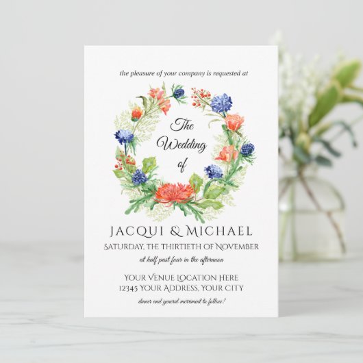 Blauw n Oranje Chrysanthemum Thistle Wreath Weddin Kaart (Staand voorkant)