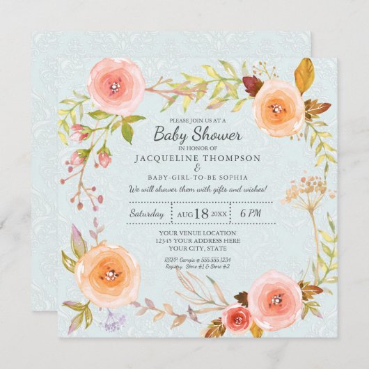 Blauw n Roze Waterverf Bloemen Damask Baby shower Kaart (Voorkant / Achterkant)