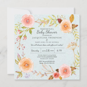 Blauw n Roze Waterverf Bloemen Damask Baby shower Kaart