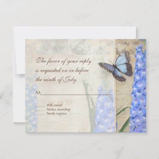 Blauw n White Floral Butterfly Botanical Flowers RSVP Kaartje (Voorkant)