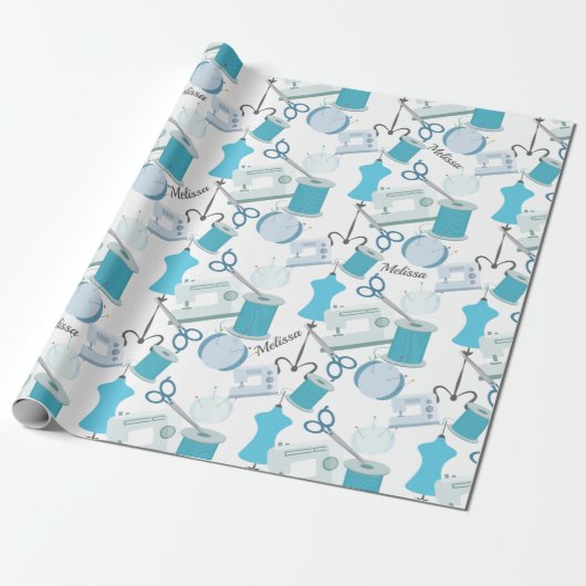 Blauw Naaithema Quilters Cadeaupapier (Uitgerold)