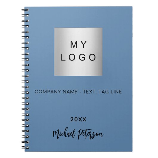 Blauw naam script bedrijfslogo notitieboek (Voorkant)