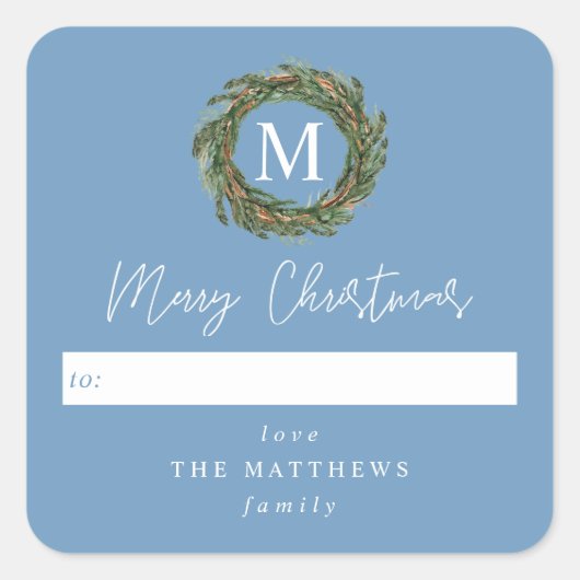 Blauw naar grote monogram vrolijk kerstfeest vierkante sticker (Voorkant)