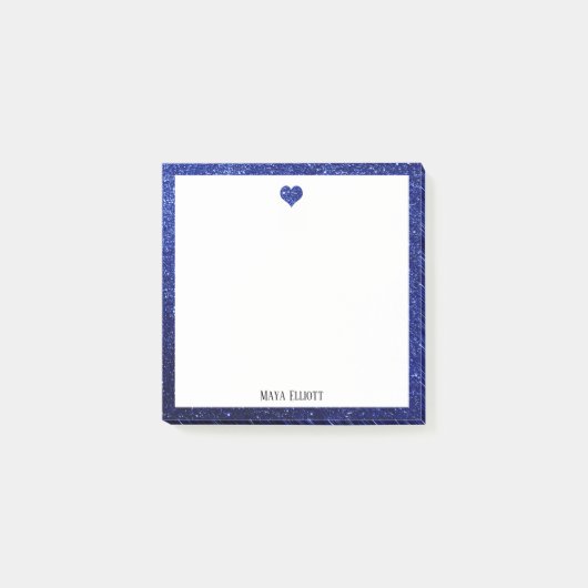 Blauw namaak glitters hart en rand op wit met naam post-it® notes (Voorkant)