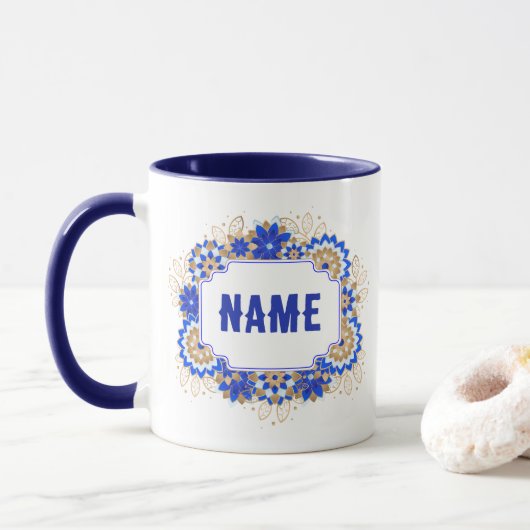 Blauw Namaste Gepersonaliseerde Naam Monogram Mok (Met donut)