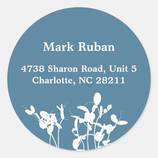Blauw natuur leaf plant aangepaste naam adreslabel ronde sticker (Voorkant)