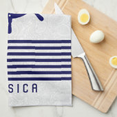 Blauw Nautical Boat Wheel en Stripes Theedoek (Quarter Fold)