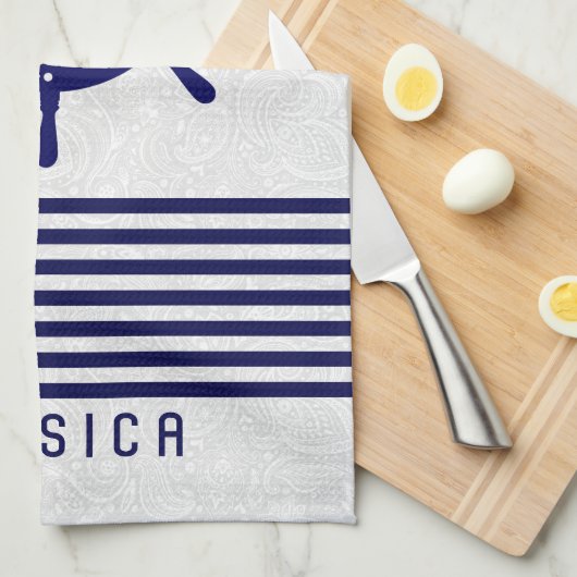 Blauw Nautical Boat Wheel en Stripes Theedoek (Quarter Fold)