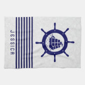 Blauw Nautical Boat Wheel en Stripes Theedoek (Horizontaal)