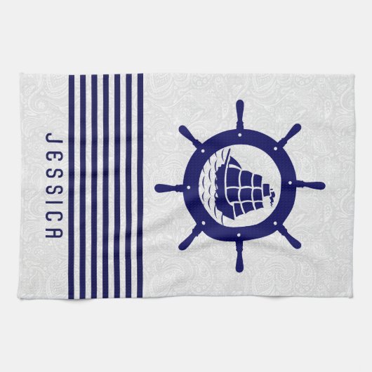 Blauw Nautical Boat Wheel en Stripes Theedoek (Horizontaal)