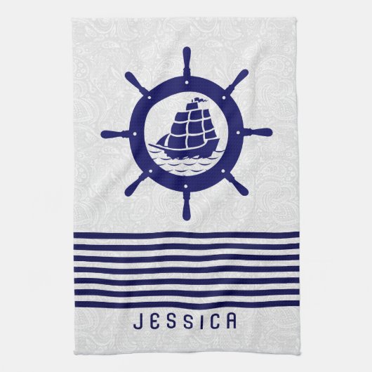Blauw Nautical Boat Wheel en Stripes Theedoek (Verticaal)