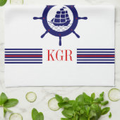 Blauw Nautical Boat Wheel Monogram & Stripes Theedoek (Gevouwen)