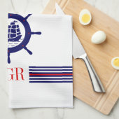 Blauw Nautical Boat Wheel Monogram & Stripes Theedoek (Quarter Fold)