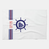 Blauw Nautical Boat Wheel Monogram & Stripes Theedoek (Horizontaal)