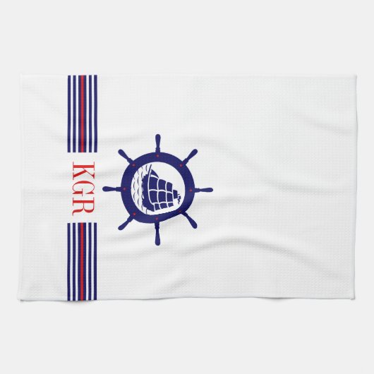 Blauw Nautical Boat Wheel Monogram & Stripes Theedoek (Horizontaal)