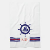 Blauw Nautical Boat Wheel Monogram & Stripes Theedoek (Verticaal)