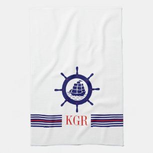 Blauw Nautical Boat Wheel Monogram & Stripes Theedoek
