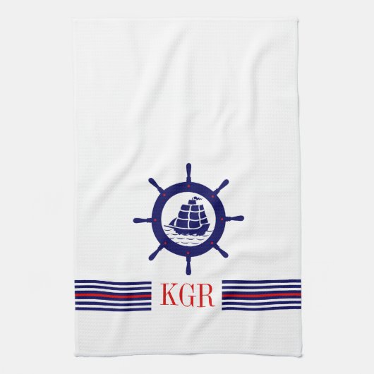 Blauw Nautical Boat Wheel Monogram & Stripes Theedoek (Verticaal)