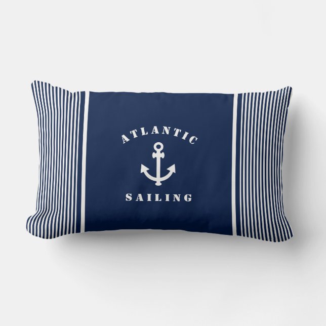 Blauw Nautical Striped Pillow met anker label Kussen (Voorkant)