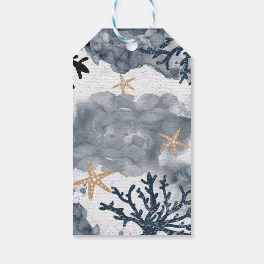 Blauw Nautilus Koraal Aquarel Elegant Feestje Cadeaulabel (Achterkant)