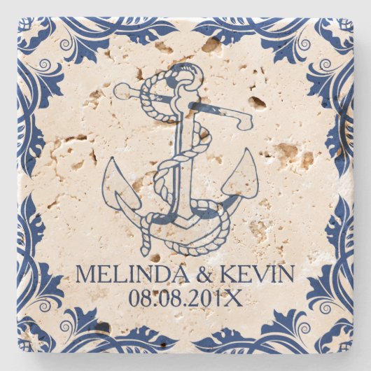 Blauw Nautisch Anker & Blauw Bloemen Lijst Lijst Stenen Onderzetter (Voorkant)