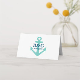 Blauw nautisch anker maritiem thema bruiloft plaatskaartje