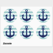 Blauw nautisch anker & strepen ronde sticker (Vel)