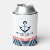 Blauw nautisch bootanker & decoratieve strepen blikjeskoeler (Blikje Voorkant)