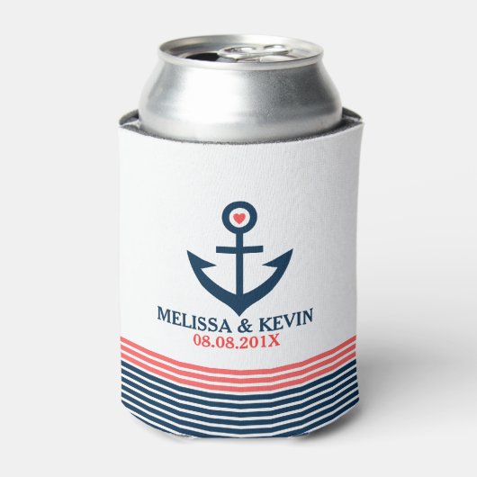 Blauw nautisch bootanker & decoratieve strepen blikjeskoeler (Blikje Voorkant)