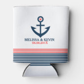 Blauw nautisch bootanker & decoratieve strepen blikjeskoeler (Voorkant)