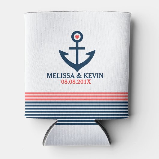 Blauw nautisch bootanker & decoratieve strepen blikjeskoeler (Voorkant)