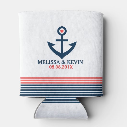 Blauw nautisch bootanker & decoratieve strepen blikjeskoeler (Achterkant)