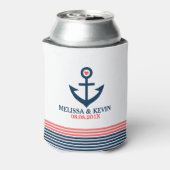 Blauw nautisch bootanker & decoratieve strepen blikjeskoeler (Blikje Achterkant)