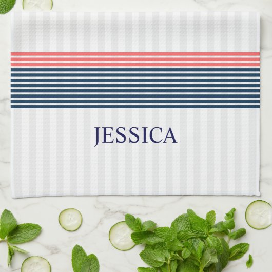 Blauw nautisch bootanker en koraal & blauwe strepe theedoek (Gevouwen)