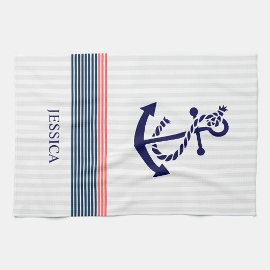 Blauw nautisch bootanker en koraal & blauwe strepe theedoek (Horizontaal)