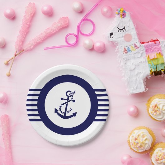 Blauw nautisch bootanker en strepen papieren bordje (Feest)