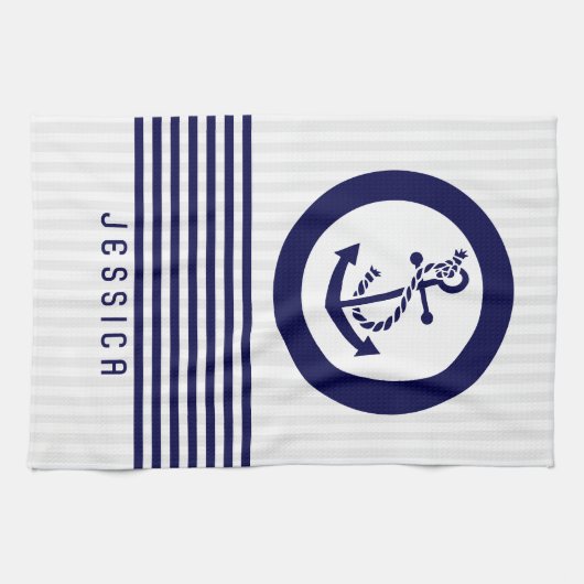 Blauw nautisch bootanker en strepen theedoek (Horizontaal)