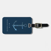Blauw nautisch bootanker | Monogram Aangepast Bagagelabel (Voorkant horizontaal)