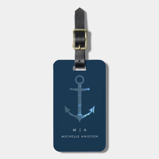 Blauw nautisch bootanker | Monogram Aangepast Bagagelabel (Voorkant verticaal)
