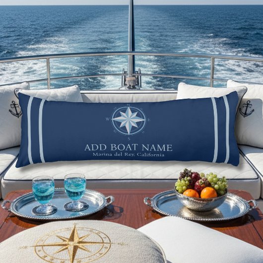 Blauw nautisch kompas aangepaste bootnaam dek deco lichaamskussen