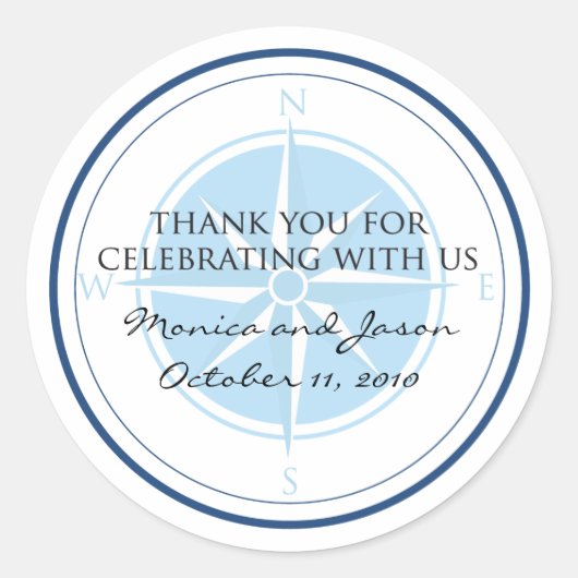 Blauw nautisch kompas Roos bruiloft Ronde Sticker (Voorkant)
