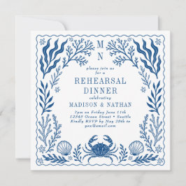 Blauw Nautisch Krab Strand Bruiloft Rehearsal Dine Kaart