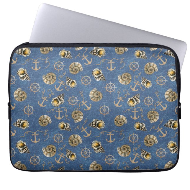 blauw nautisch patroon laptop sleeve (Voorkant)