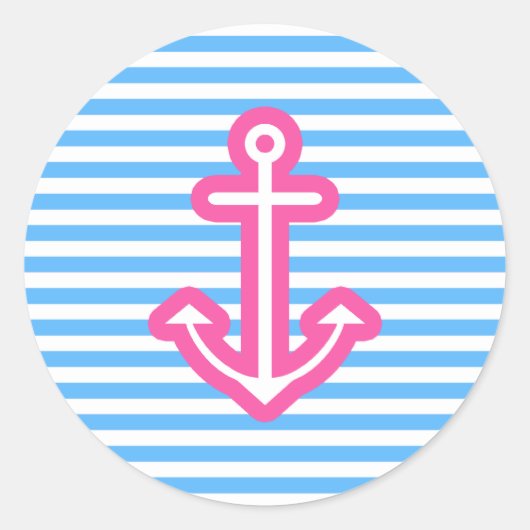 Blauw nautisch roze anker ronde sticker (Voorkant)