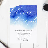 Blauw nautisch schrift foto bruiloft + QR details Kaart