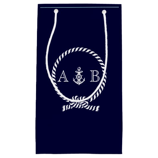 Blauw nautisch touw en ankermonogram klein cadeauzakje (Voorkant)