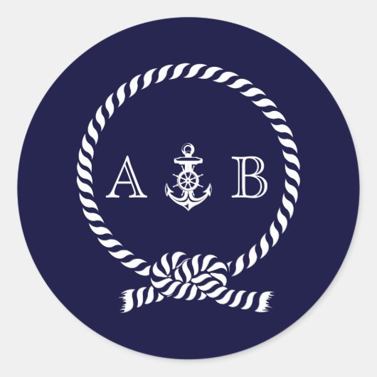 Blauw nautisch touw en ankermonogram ronde sticker (Voorkant)