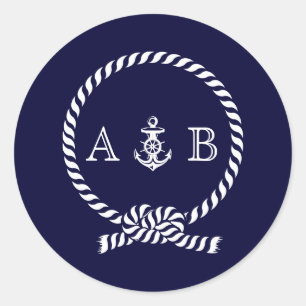 Blauw nautisch touw en ankermonogram ronde sticker