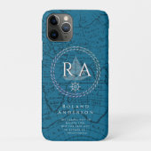 Blauw nautisch touw monogram kaart Case-Mate iPhone case (Achterkant)