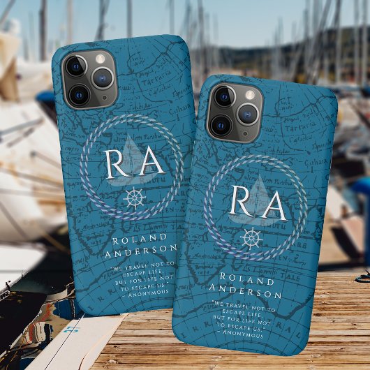 Blauw nautisch touw monogram kaart Case-Mate iPhone case